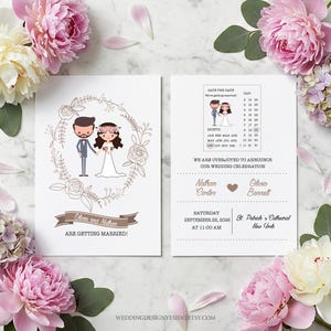 Può includere: Invito di nozze con una coppia di cartoni animati all'interno di una ghirlanda floreale. L'invito include il testo "Olivia e Nathan si sposano!" e "Save the Date". La data è il 28 settembre 2026, alla Cattedrale di San Patrizio, New York.