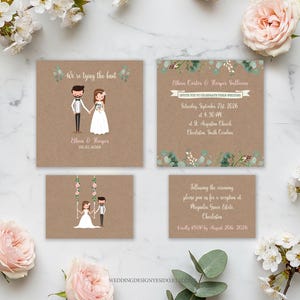 Cute Rustic Cartoon Bride and Groom Wedding Invitation, Instant Download