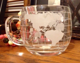 Sale-Vintage ITD Colonial Cupboard Etched Glass World Map on Grid Heavy Coffee Cup