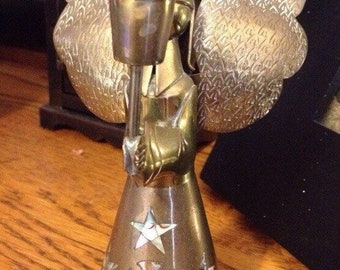 Beautiful Vintage Bras Angel Candle Holder with Inlayed Abalone Stars and Cross