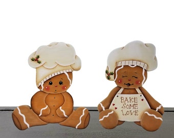 Set of 2 Extra Large Gingerbread Chef Shelf Sitters with Mistletoe or Heart Accents #43