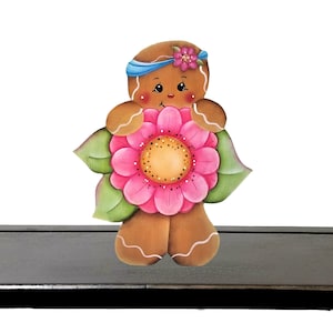 Hand-Painted Wooden Gingerbread Shelf Sitter or Fridge Magnet with Large Pink Flower for Spring and Summer, 105