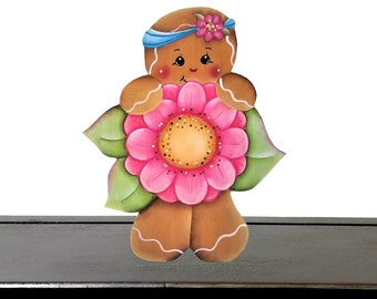 Hand-Painted Wooden Gingerbread Shelf Sitter or Fridge Magnet with Large Pink Flower for Spring and Summer, 105