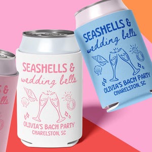 Seashells and Wedding Bells Can Coolers, Personalized Bachelorette Can Sleeves, Custom Beach Coastal Bachelorette Party Favors, Can Holder