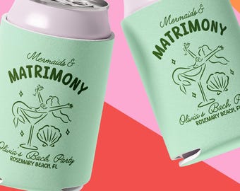 Mermaids and Matrimony Bachelorette Can Coolers, Personalized Can Sleeves, Custom Beach Coastal Bachelorette Party Favors