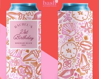 Birthday Party Can Cooler, Beach Birthday Can Sleeve, 21st 30th 40th 50th 60th Birthday Party Favor, Coastal Pink Shell