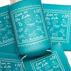 Love On The Lake Bachelorette Can Coolers, Personalized Lake Club Bachelorette Drink Can Sleeves, Camping Bachelorette Party Favors