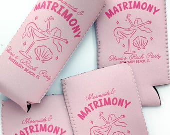 Mermaids and Matrimony Bachelorette Can Coolers, Personalized Can Sleeves, Custom Beach Coastal Bachelorette Party Favors