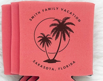 Enfriador de latas personalizado con palmera tropical / Recuerdo de vacaciones familiares