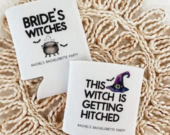 Enfriadores de latas de brujas para la novia / Despedida de soltera de Halloween / Bruja casándose / Despedida de soltera espeluznante / Recuerdos de fiesta personalizados