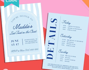 Charleston Bachelorette Party Invite | Itinerary Template | Coastal Bachelorette | Coastal Grandma | Last Toast on the Coast | Party Favors
