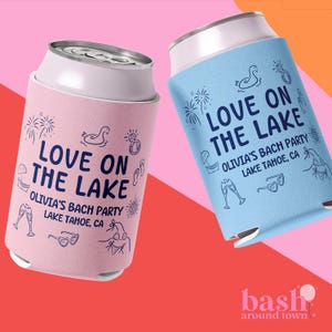 Love On The Lake Bachelorette Can Coolers, Personalized Lake Club Bachelorette Drink Can Sleeves, Camping Bachelorette Party Favors