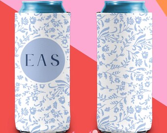 Monogram Can Cooler Beach Bachelorette Favor Blue Stripe Can Cooler Personalized Gift Bridal Party Gift Blue Slim Can Cooler Beach Party
