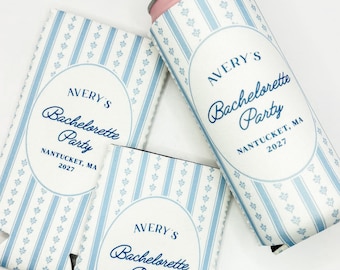 Personalized Bachelorette Can Cooler | Custom Skinny Can Cooler | Coastal Boho Bachelorette Party Favor | Nantucket | Bridesmaid Gift