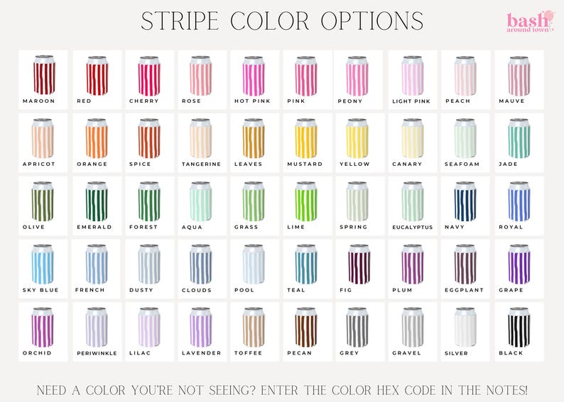 a grid of 24 different color options, each represented by a striped can. The colors include various shades of red, pink, peach, light pink, and more, as well as different shades of green, blue, and purple. The image does not contain any text, and the color options are presented in a grid format with each row representing a different color option and each column representing a different color.