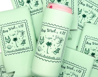 May include: A set of green and white can coolers with the text "Key West $10" and "Hannah's Bachelorette 2025". The coolers feature a palm tree, sunglasses, and a bikini.