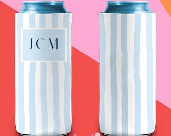Monogram Can Cooler Beach Bachelorette Favor Blue Stripe Can Cooler Personalized Gift Bridal Party Gift Blue Slim Can Cooler Beach Party