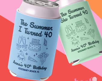 El verano en que cumplí cuarenta: enfriador de latas para cumpleaños número 40, regalo de cumpleaños número 30 para ella, 50 recuerdos personalizados para fiestas de cumpleaños en la playa, porta latas reutilizables.