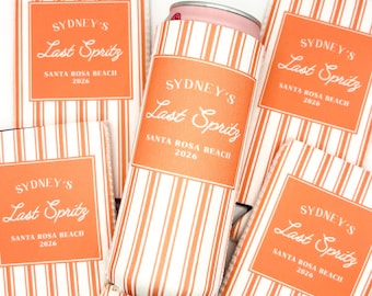 Personalized Coastal Bachelorette Can Cooler | Ticking Stripe Custom Can Cooler | Beach Bachelorette Party | Last Spritz | Party Favors