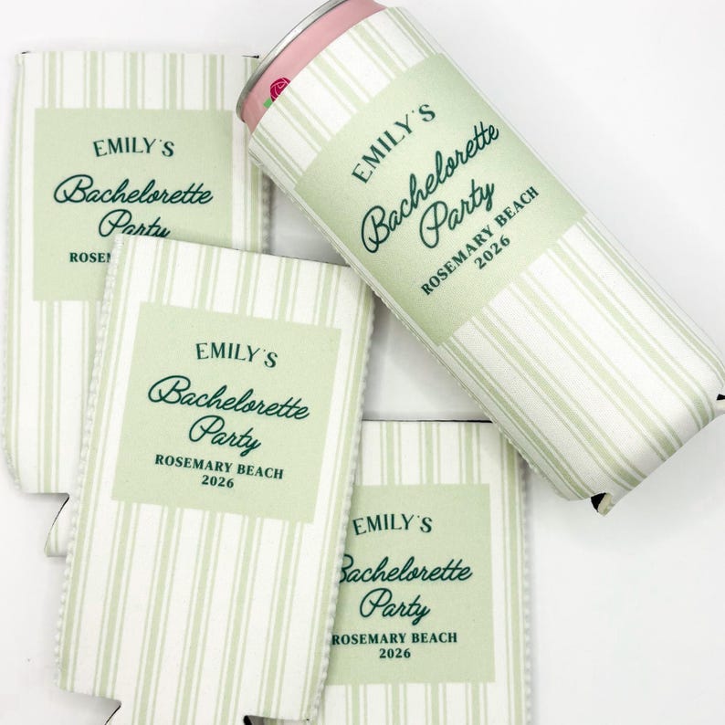 Personalized Coastal Bachelorette Can Cooler | Ticking Stripe Custom Can Cooler | Beach Bachelorette Party | Coastal Grandma | Party Favors image 1