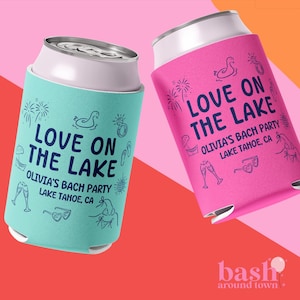 Love On The Lake Bachelorette Can Coolers, Personalized Lake Club Bachelorette Drink Can Sleeves, Camping Bachelorette Party Favors