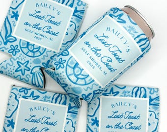 Last Toast On The Coast Bachelorette Can Coolers, Personalized Can Sleeves, Custom Beach Coastal Grandmother Bachelorette Party Favors