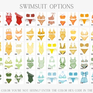 May include: A chart of 120 different swimsuit options. The swimsuits are illustrated in various colors and styles, including bikinis, one-piece suits, and tankinis. The chart is labeled "Swimsuit Options" and includes numbers 61 through 120.