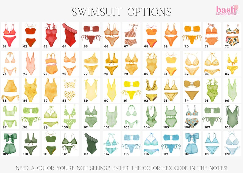 May include: A chart of 120 different swimsuit options. The swimsuits are illustrated in various colors and styles, including bikinis, one-piece suits, and tankinis. The chart is labeled "Swimsuit Options" and includes numbers 61 through 120.