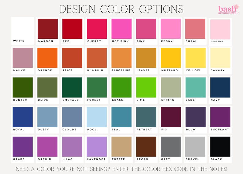K&ouml;nnte beinhalten: Eine Farbkarte mit 36 Farbfeldern, die jeweils mit einem Namen versehen sind. Die Farben sind in Reihen und Spalten angeordnet. Die Farben umfassen Wei&szlig;, Rotbraun, Rot, Kirsche, Pink, Rosa, Pfingstrose, Koralle, Hellrosa, Mauve, Orange, Gew&uuml;rz, K&uuml;rbis, Mandarine, Bl&auml;tter, Senf, Gelb, Kanarienvogel, J&auml;gergr&uuml;n, Oliv, Smaragd, Wald, Gras, Limette, Fr&uuml;hling, Jade, Marineblau, K&ouml;nigsblau, Stahliges Blau, Wolken, Pool, T&uuml;rkis, R&uuml;ckzug, Feige, Pflaume, Aubergine, Traube, Orchidee, Flieder, Lavendel, Toffee, Pekannuss, Grau, Kies und Schwarz.
