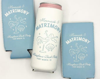 Mermaids and Matrimony Bachelorette Can Coolers, Personalized Can Sleeves, Custom Beach Coastal Bachelorette Party Favors
