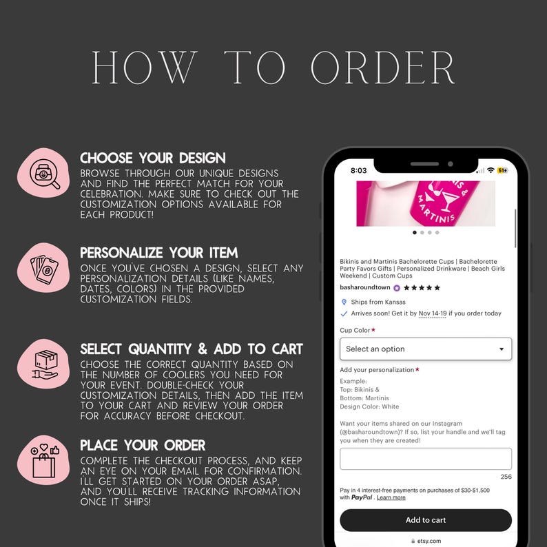 K&ouml;nnte beinhalten: Anleitung zum Bestellen von personalisierten Junggesellinnenabschiedstassen. Das Bild zeigt einen Telefonbildschirm mit einer Auflistung f&uuml;r personalisiertes Geschirr. Die Tassen sind rosa und wei&szlig; mit dem Text "Bikinis and Martinis". Die Auflistung enth&auml;lt Optionen f&uuml;r Personalisierung, Menge und Farbe.