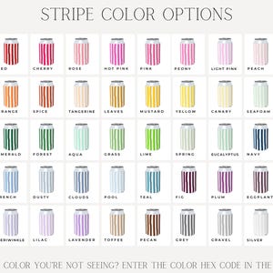 a grid of 24 different color options, each represented by a striped can. The colors include various shades of red, pink, peach, light pink, and more, as well as different shades of green, blue, and purple. The image does not contain any text, and the color options are presented in a grid format with each row representing a different color option and each column representing a different color.