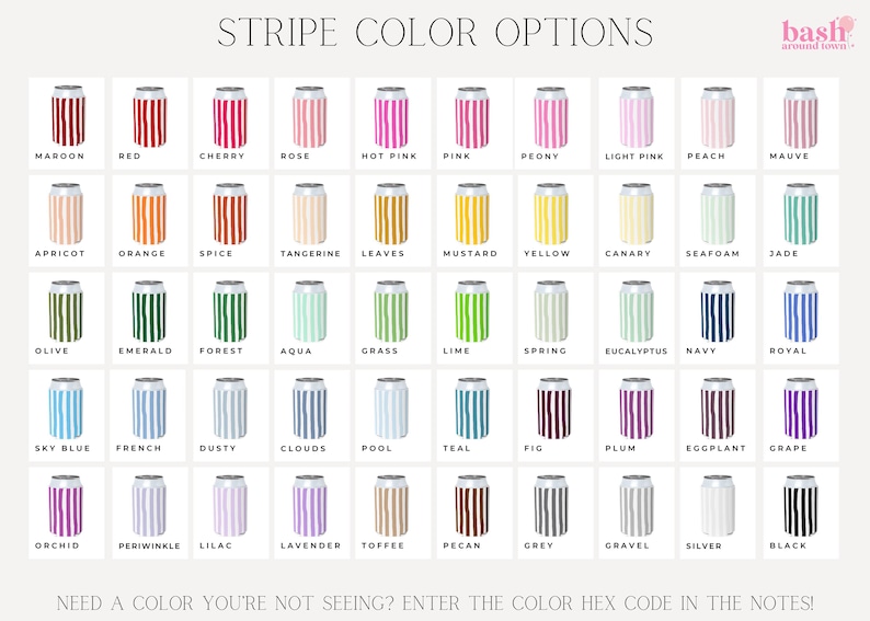 a grid of 24 different color options, each represented by a striped can. The colors include various shades of red, pink, peach, light pink, and more, as well as different shades of green, blue, and purple. The image does not contain any text, and the color options are presented in a grid format with each row representing a different color option and each column representing a different color.