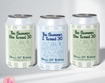 Fundas para latas de cumpleaños "El verano en que cumplí treinta", fundas personalizadas para latas de cumpleaños número 30, 40 y 50, recuerdos para fiestas de cumpleaños con temática playera y costera.