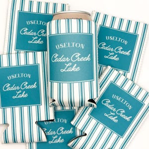Personalized Coastal Bachelorette Can Cooler | Ticking Stripe Custom Can Cooler | Beach Bachelorette Party | Coastal Grandma | Party Favors image 6