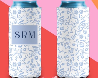 Monogram Can Cooler Beach Bachelorette Favor Blue Stripe Can Cooler Personalized Gift Bridal Party Gift Blue Slim Can Cooler Beach Party