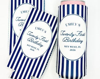 Personalized Birthday Can Cooler | 21st, 30th, 40th, 50th Party Favors | Coastal Drink Holder for Beach, Poolside, or Summer Celebration