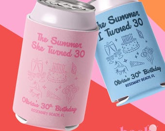 El verano en que cumplí treinta años: enfriador de latas para cumpleaños número 30, regalo de cumpleaños número 40 para ella, recuerdos personalizados para fiestas de cumpleaños en la playa, porta latas reutilizables.