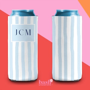 Monogram Can Cooler Beach Bachelorette Favor Blue Stripe Can Cooler Personalized Gift Bridal Party Gift Blue Slim Can Cooler Beach Party