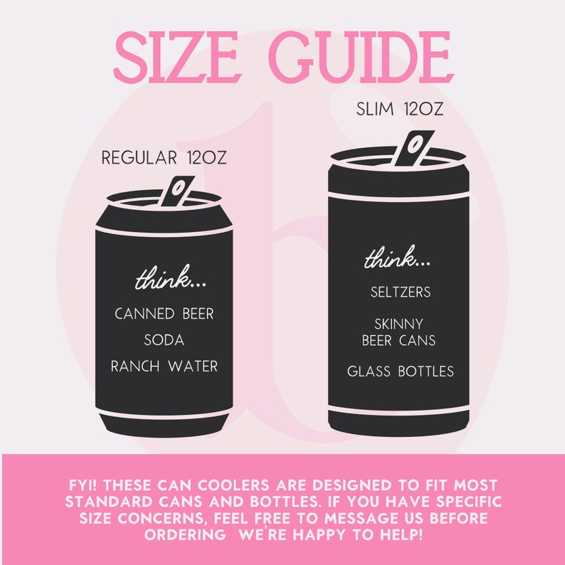 K&ouml;nnte beinhalten: Gr&ouml;&szlig;en&uuml;bersicht f&uuml;r Getr&auml;nkek&uuml;hler, die zwei verschiedene Gr&ouml;&szlig;en zeigen: 12oz Standard und 12oz schlank. Die Grafik zeigt eine schwarze Silhouette einer Dose mit Text, der angibt, wof&uuml;r jede Gr&ouml;&szlig;e am besten geeignet ist, wie z. B. Dosenbier, Limonade, Ranchwasser, Selters, schlanke Bierdosen und Glasflaschen.  FYI! Diese Getr&auml;nkek&uuml;hler sind so konzipiert, dass sie zu den meisten Standarddosen und -flaschen passen. Wenn Sie Bedenken hinsichtlich der Gr&ouml;&szlig;e haben, k&ouml;nnen Sie uns gerne vor der Bestellung eine Nachricht senden. Wir helfen Ihnen gerne weiter!