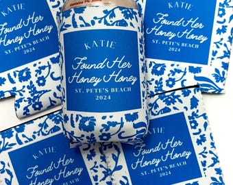 Found Her Honey Honey Bachelorette Can Cooler | Blue Floral Beach Bachelorette Favors | Custom Drink Sleeve for Bride | Coastal Party