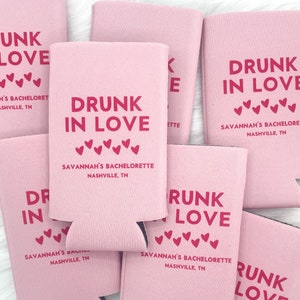 Personalized Drunk in Love Bachelorette Can Coolers | Pink Hot Pink Bachelorette Favors | Bachelorette Party | Retro Can Coolers | Coastal