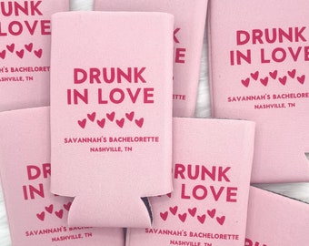 Personalized Drunk in Love Bachelorette Can Coolers | Pink Hot Pink Bachelorette Favors | Bachelorette Party | Retro Can Coolers | Coastal