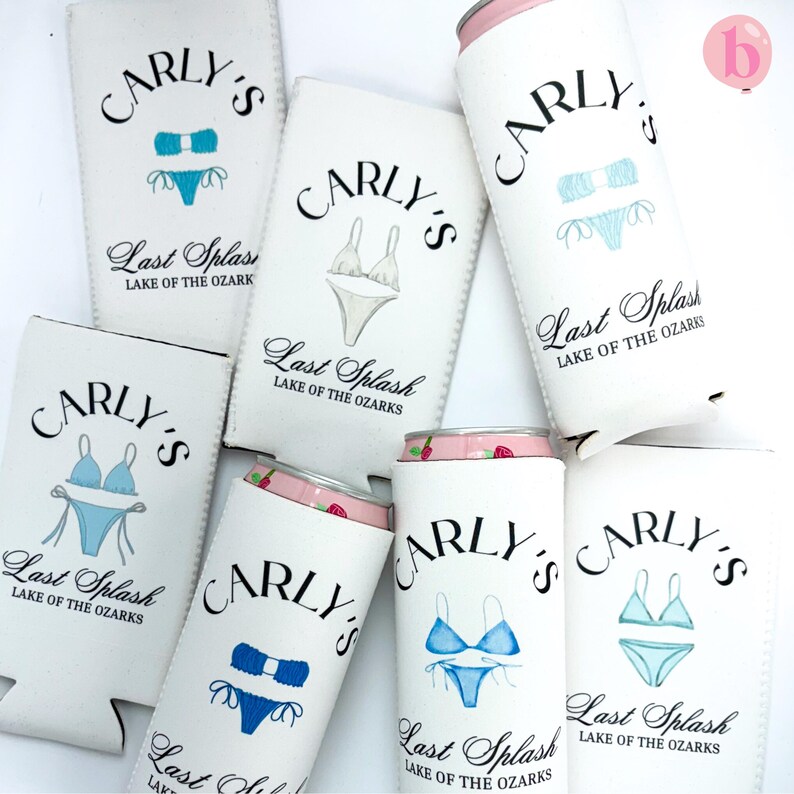 May include: A set of six white can coolers with the name "Carly's" and the text "Last Splash Lake of the Ozarks". Each cooler features a different blue swimsuit design.