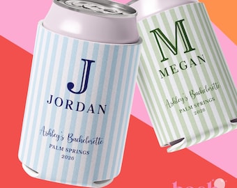 Personalized Can Cooler, Custom Monogram Drink Sleeve, Striped Slim Can Holder, Bachelorette Party Favor, Bridesmaid Gift, Summer Pool Gift