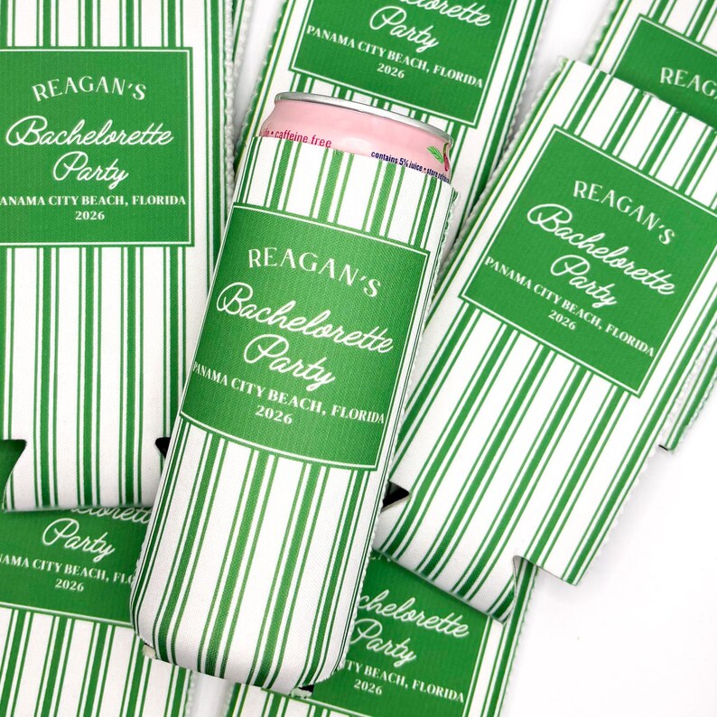 Personalized Coastal Bachelorette Can Cooler | Ticking Stripe Custom Can Cooler | Beach Bachelorette Party | Coastal Grandma | Party Favors image 8