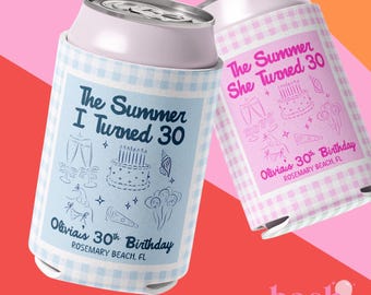 El verano en que cumplí treinta años: enfriador de latas para cumpleaños número 30, regalo de cumpleaños número 40 para ella, recuerdos personalizados para fiestas de cumpleaños en la playa, porta latas reutilizables.
