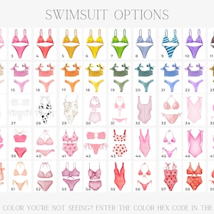 May include: A chart of 60 different swimsuit options. The swimsuits are illustrated in various colors and styles, including bikinis, tankinis, and one-piece suits. The chart is labeled "Swimsuit Options" and includes the numbers 1 through 60.