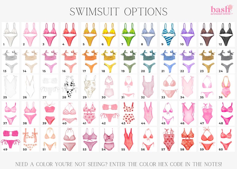 May include: A chart of 60 different swimsuit options. The swimsuits are illustrated in various colors and styles, including bikinis, tankinis, and one-piece suits. The chart is labeled "Swimsuit Options" and includes the numbers 1 through 60.