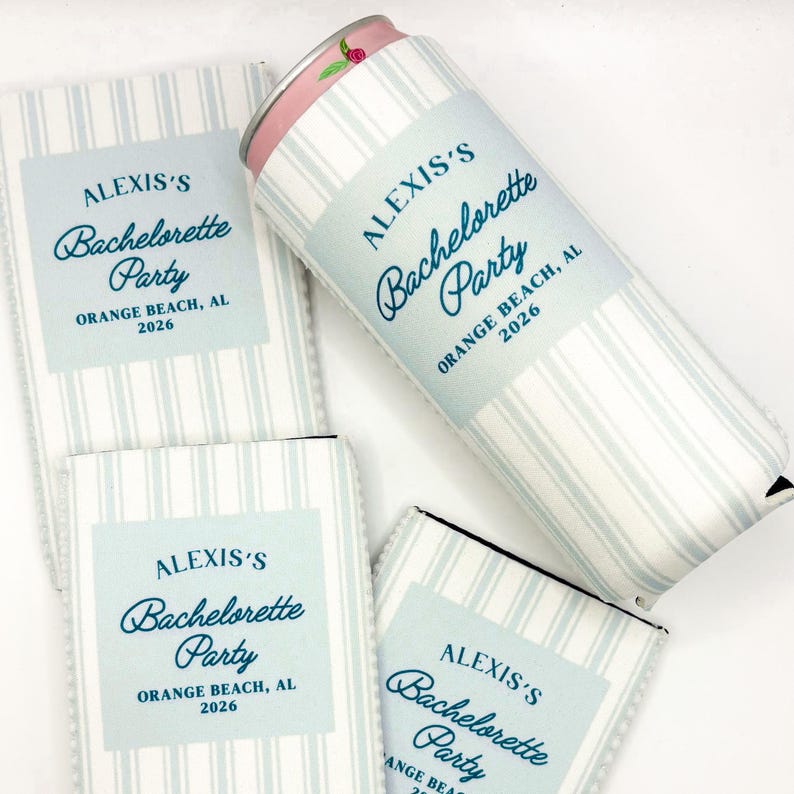 Personalized Coastal Bachelorette Can Cooler | Ticking Stripe Custom Can Cooler | Beach Bachelorette Party | Coastal Grandma | Party Favors image 5